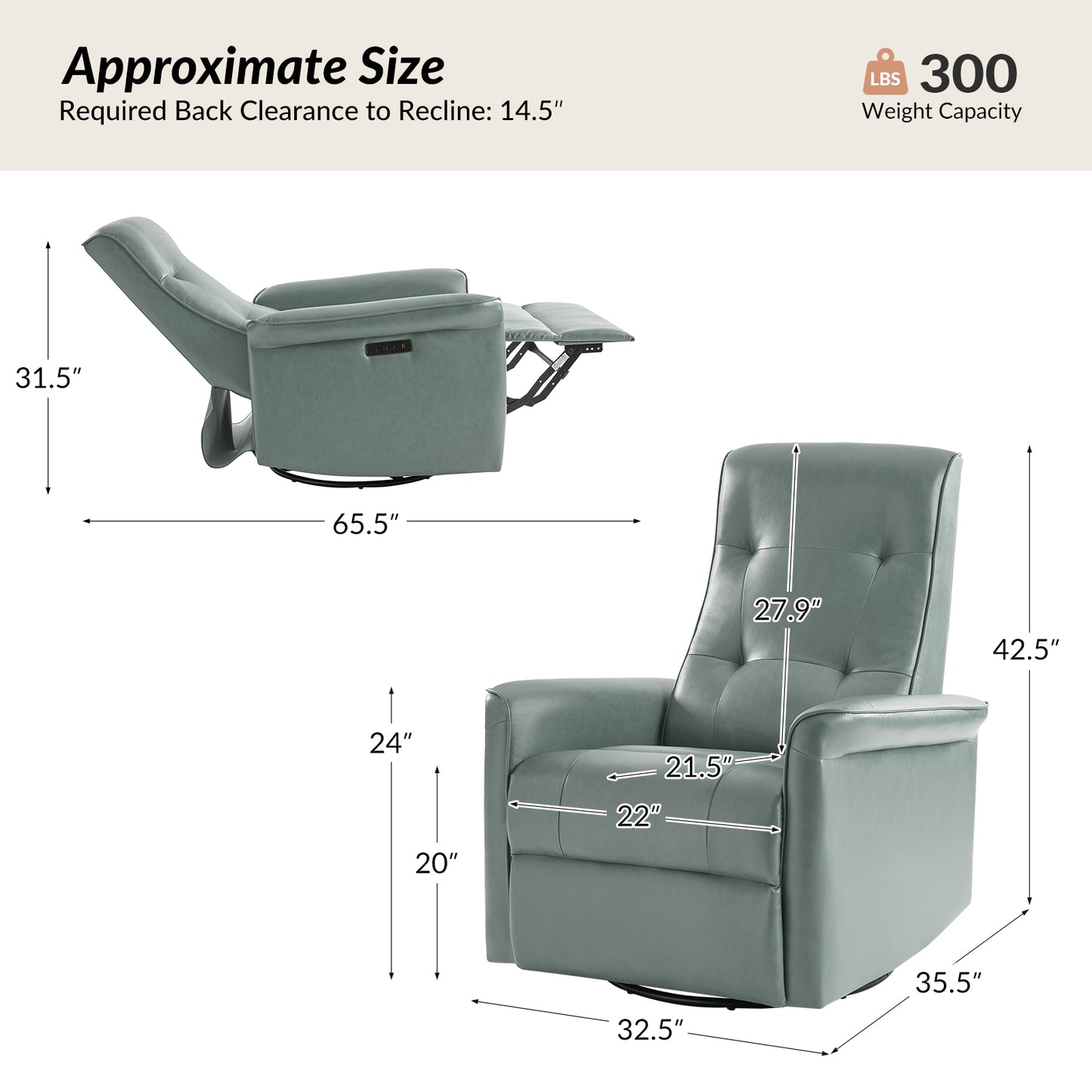 Valentin Vegan Leather Swivel Power Recliner With USB