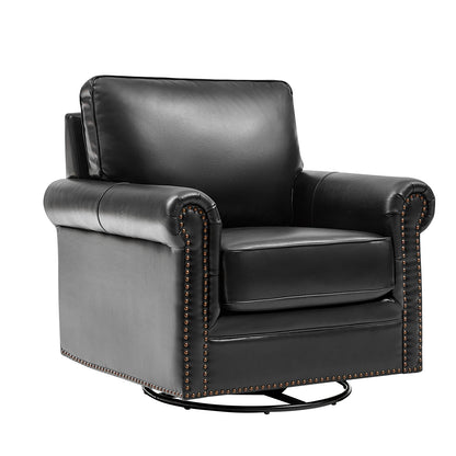 Higinio Genuine Leather Swivel Rocker Chair in Black