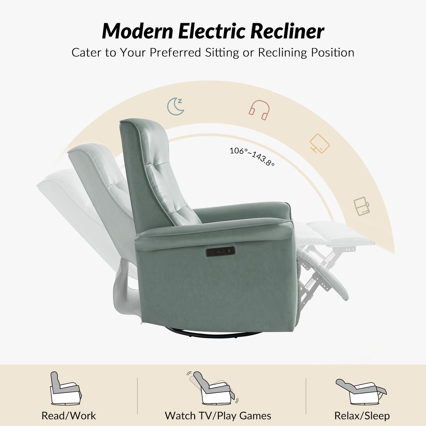 Valentin Vegan Leather Swivel Power Recliner With USB